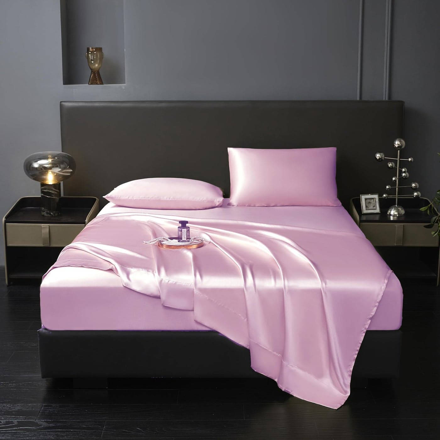 Revdomfly 4 Pcs Queen Size Luxury Silky Soft Pink Satin Sheet Set1 Premium Moisture Wicking Fitted Sheet Fits Up to 16 Inches Deep Pocket 1 Flat Sheet 2 PillowcasesPink Queen
