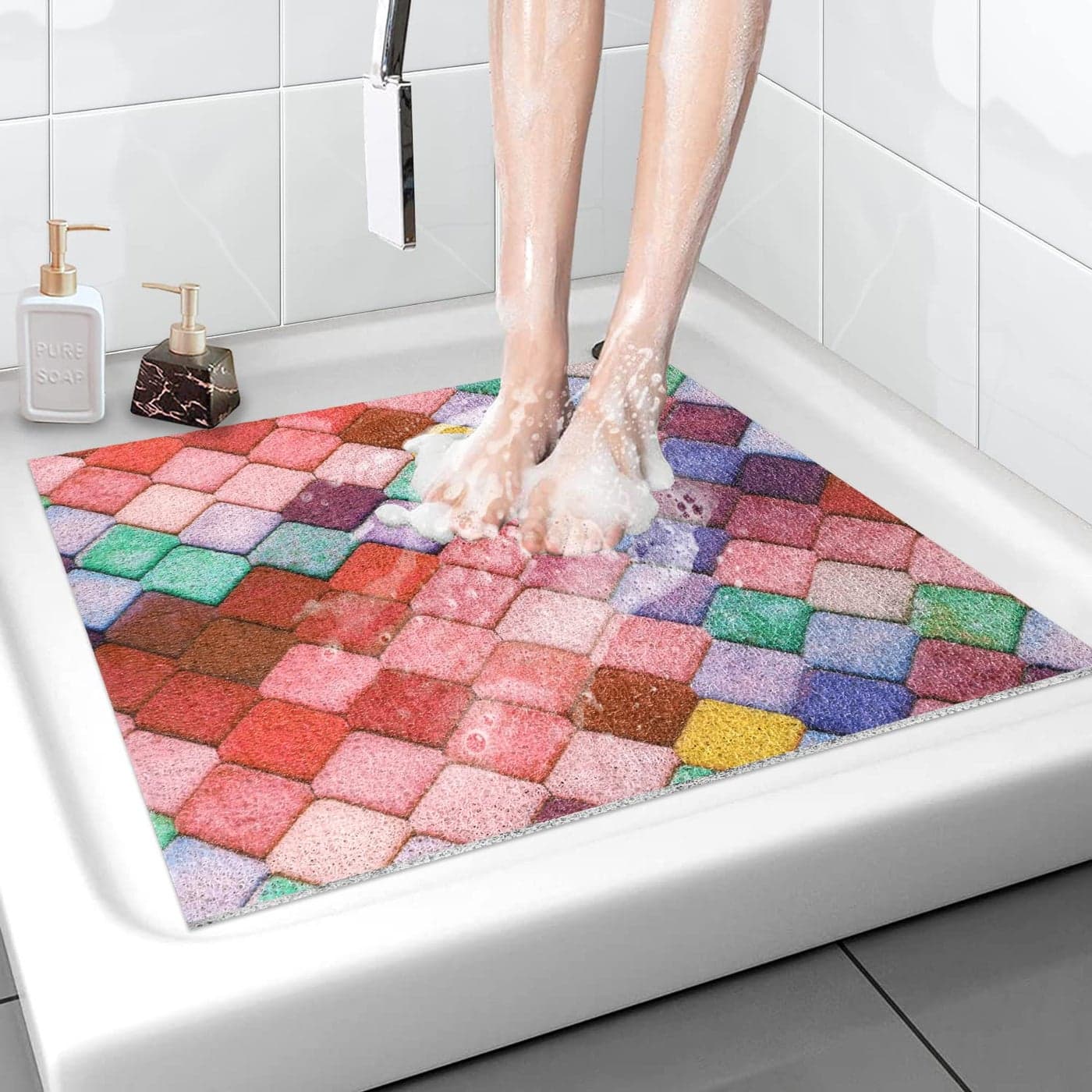 Shower Mat NonSlip 24x 24 Inch Square Soft Comfort Bath Mats with Drainage Holes PVC Loofah Massage Shower Floor Mat for Shower Bathroom Wet Areas Quick Drying