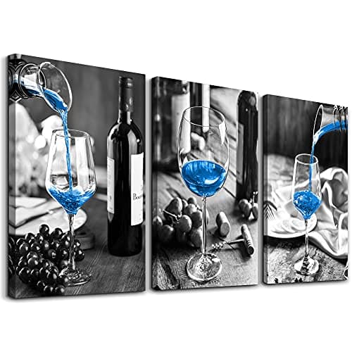 Canvas Wall Art For Kitchen Wall Decor For Dining Room Black And White Wine Glasses Painting Modern Blue Wine Canvas Art Prints Ready To Hang Pictures For Restaurant Home Decorations 12X16 3 Piece