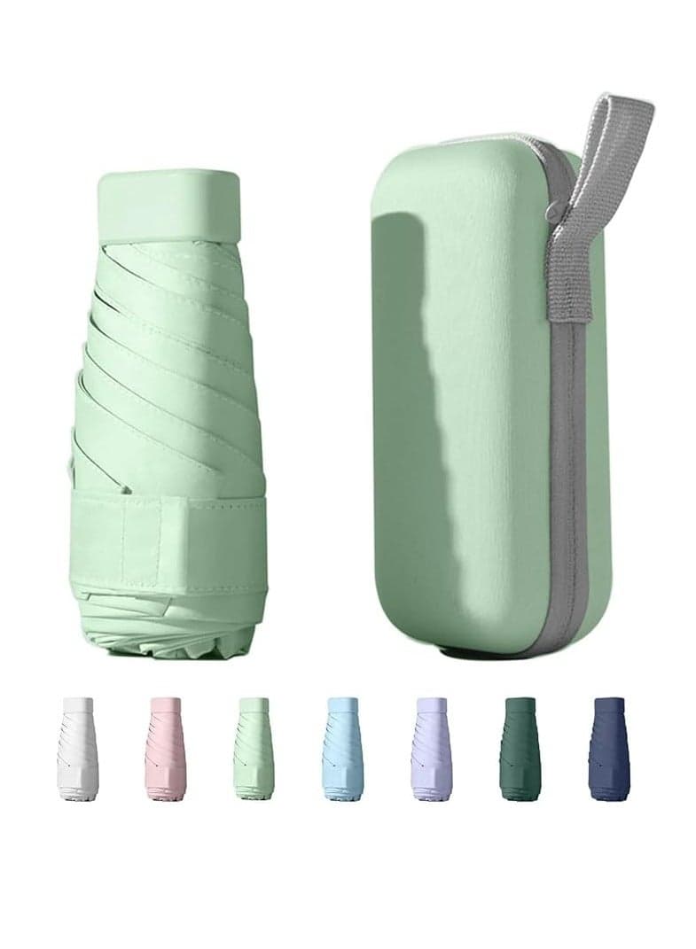 Mini Travel Sun Umbrella for Purse ,Small Compact UV Umbrella With Case , Protection Sun and Rain, Lightweight Portable Parasol Umbrella, Windproof (Green)