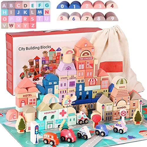 umbresen 115 Pcs Wooden City Building Blocks Set Colorful Stacking Preschool Educational Toys for Toddlers Boys Girls Gifts with 20 Pcs Floor Jigsaw Puzzle and Storage Bag City Building Toy Set