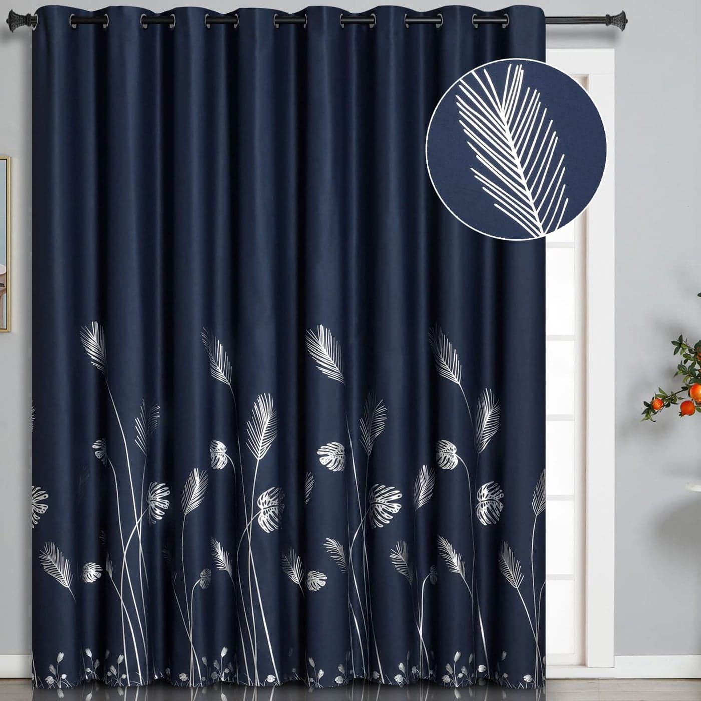 Estelar Textiler Silver Blackout Curtain for Bedroom 100W x 84L Inch Elegant Silver Palm Tree Curtain Thermal Insulated Window Drape for Sliding Door 83ft Wide x7ft Long Navy Blue 1 Panel