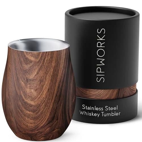 Sipworks Insulated Whiskey Tumbler 8 oz Stainless Steel Bourbon Lowball Tumbler with Double Walled Vacuum Insulation Spill Resistant Cocktail Nosing Glass Mug Travel Parties Mahogany