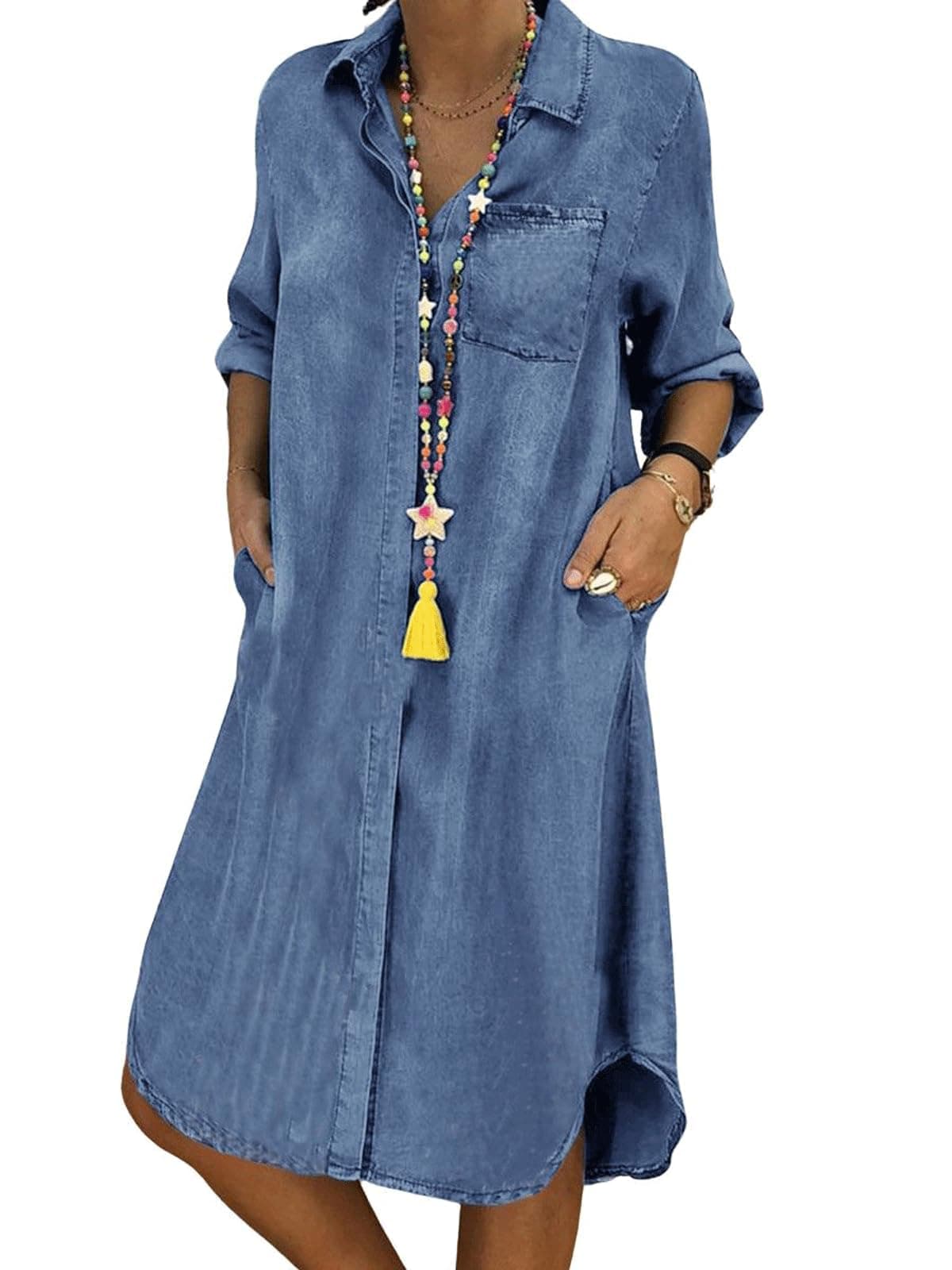 CHARTOU Women Long Sleeve Denim Button Up Shirt Dress Midi Jean Dress Flowy Tunic Shift Dress Flared A Line Dress Small Blue
