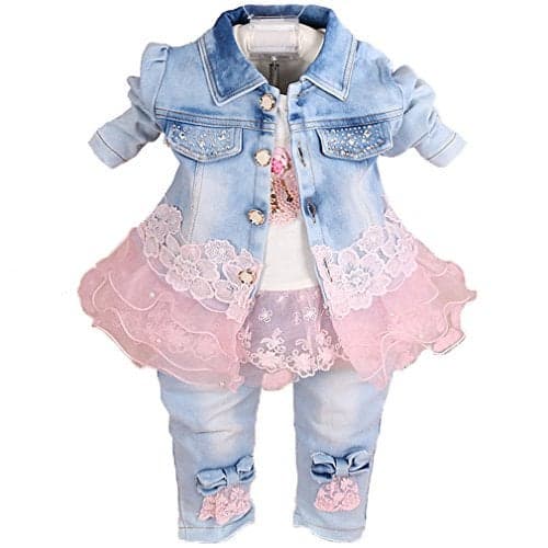 Yao Baby Girls Denim Clothing Sets 3 Pieces Sets T Shirt Denim Jacket and Jeans (3-4 Years)