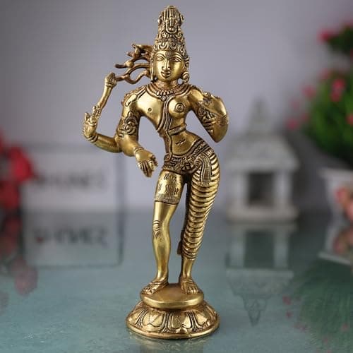 Bhunes Ardhanarishvara Brass Idol – Ardhanari Shiva-Parvati Murti, Spiritual Pooja Statue, Home Decor, Temple Vigraha, Divine Showpiece, Gold, 9 Inch, 1 Piece
