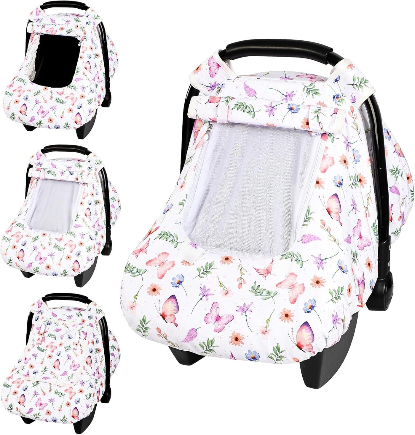 Pea Pod Car Seat Cover Baby Infant Car Seat Canopy Covers with 2 Layers Windows of Breathable Mesh Fabric Lightweight Polyester Soft Minky Dot Backing Butterfly Pattern