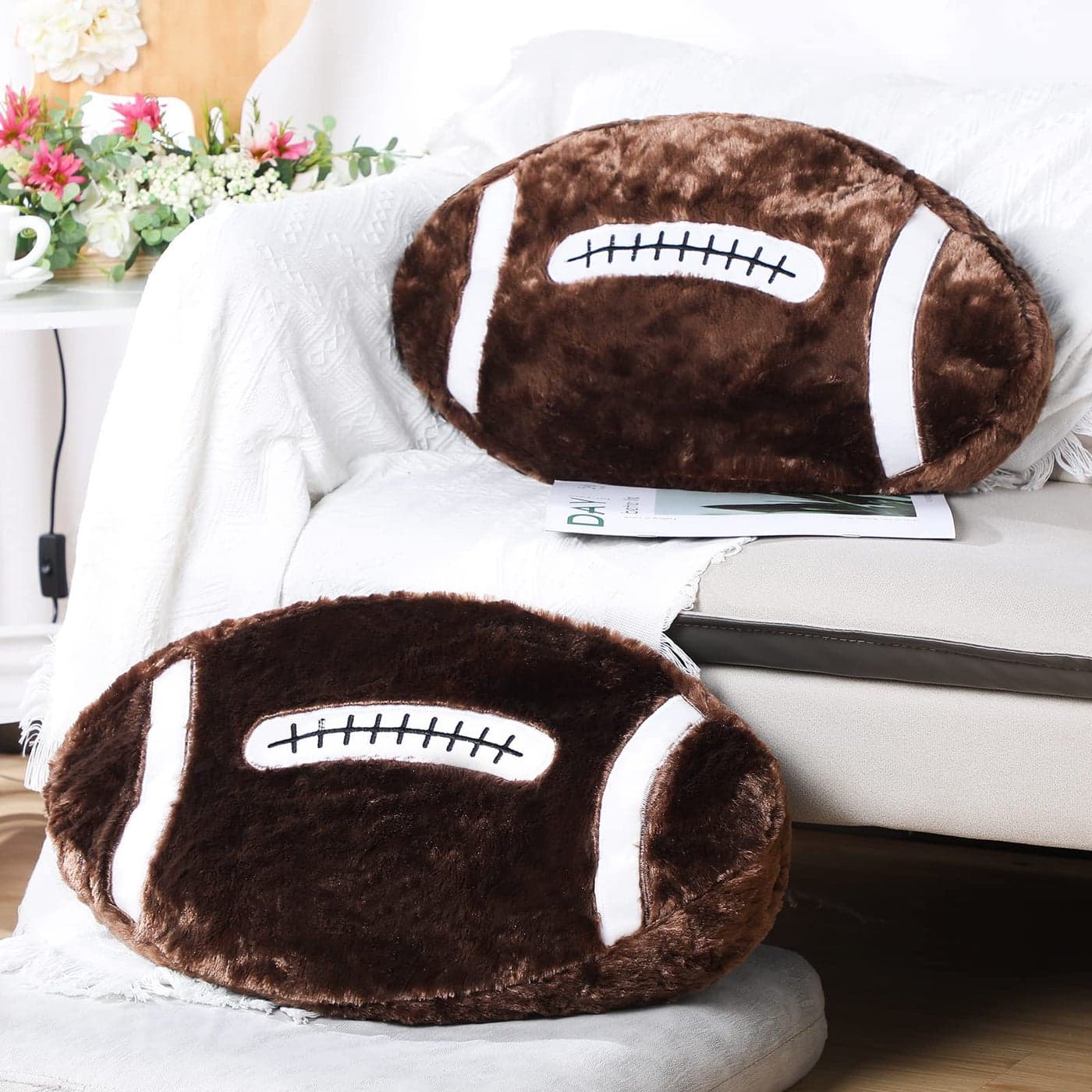 Jetec 2 Pcs Football Pillow Fluffy Soft Throw Cute Football Shaped Sports Decoration Round Plush Sport Theme Cushion Stuffed Pillow for Bedroom Decoration