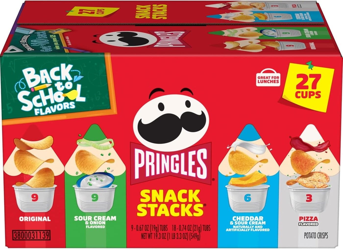 Pringles Snack Stacks Variety Pack - 27 Cups of Potato Crisps with Original, Sour Cream & Onion, Cheddar & Sour Cream, and Pizza Flavors