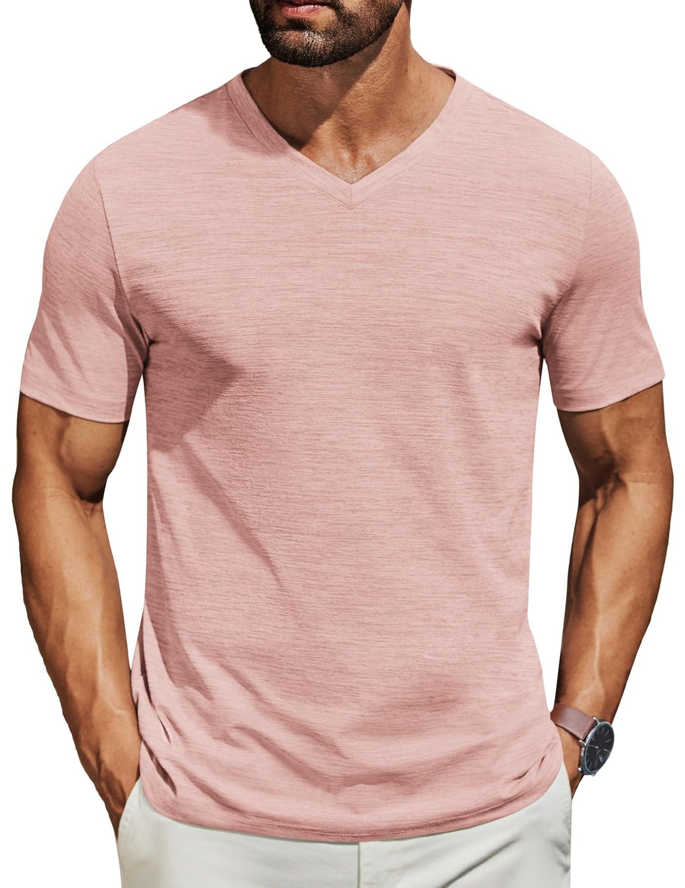 COOFANDY Men's T Shirts Short Sleeve Classic V Neck T-Shirt Casual Summer Basic Tee Shirt Pink