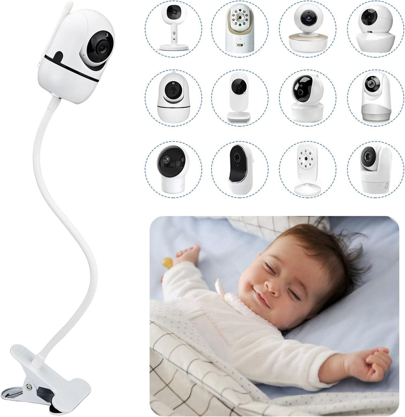 Flexible Baby Monitor Clip Mount Compatible with Infant Optics DXR8 Pro Nanit Pro Owlet Eufy HelloBaby Motorola Vtimes Arenti VTech Babysense and Other Baby Camera with 14 Screw Hole