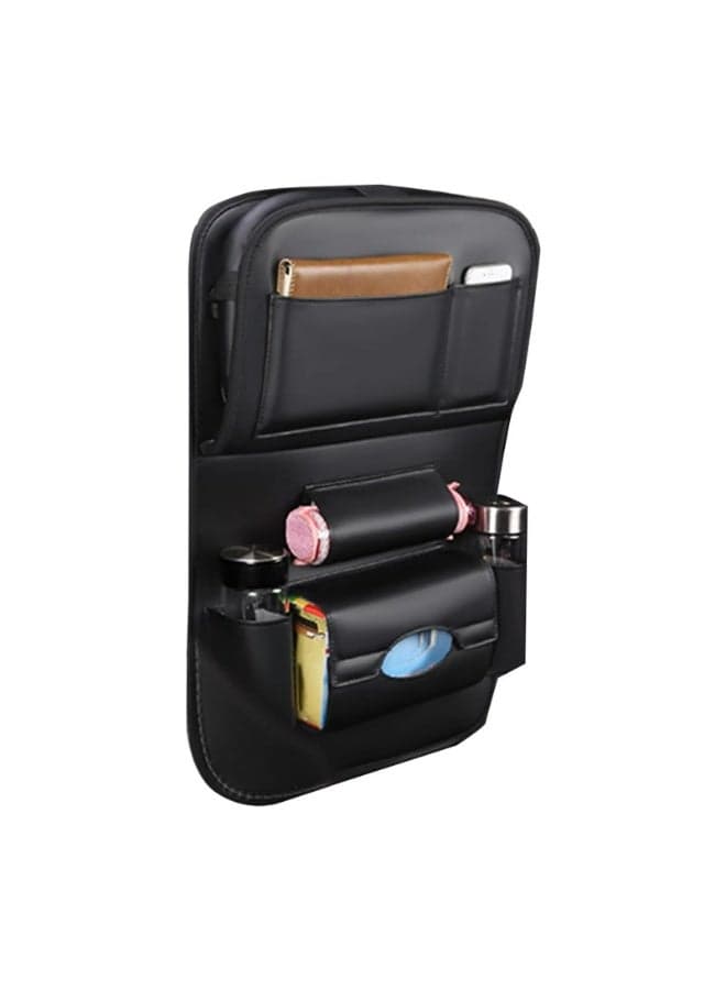 Leather Car Seat Back Organizer – Multi-Pocket Storage Bag with Foldable Tray for Safe Driving (63x46cm) (Black)