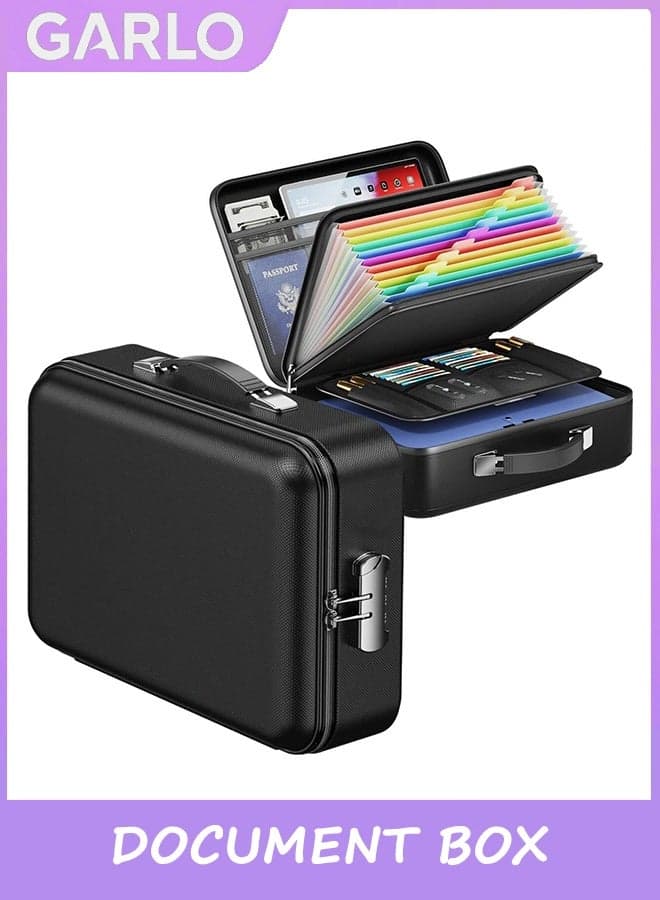 Fireproof Document Box, Hard Case Fireproof File Organizer with Lock Hard-Shell Design Fireproof Water Resistant Safe Box for Important Documents Certificates Laptop Passports Black