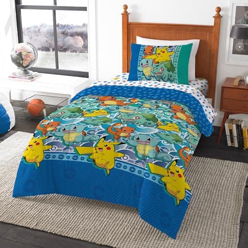 Northwest Twin Bed in a Bag Set – Pokémon First Starters Design – 5-Piece Bedding Set with Comforter, Fitted Sheet, Flat Sheet, Pillowcase, Sham