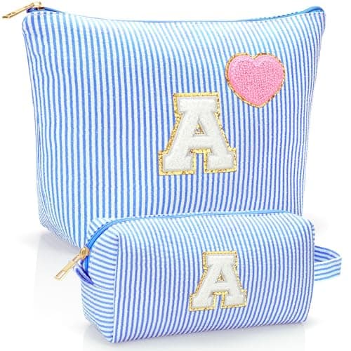 YILANCOL Initial Makeup Bag Personalized Preppy Cosmetic Bag Trendy Toiletry Travel Bag For Teen Girls Kids Women Letter Makeup Pouch Purse Holiday Gifts Birthday Gifts 2pack A Blue