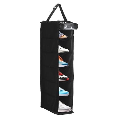 Kuber Industries 6 Shelf Hanging Shoes Organizer | Wardrobe Organizer with Side Pocket | Foldable Storage Rack | Non-Woven Shoe Rack | Black