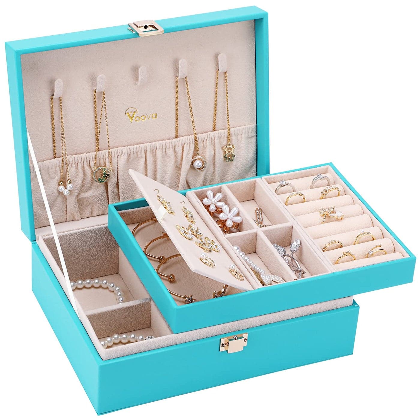 Voova Jewelry Box Organizer for Women Girls 2 Layer Large Men Jewelry Storage Case PU Leather Display Jewellery Holder with Removable Tray for Necklace Earrings Rings Bracelets Gift TealLake Blue
