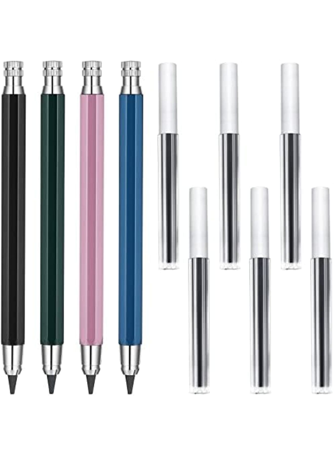 Mechanical Pencils Set, 4 Pieces 5.6 mm Sketch Metal Automatic Graphite Pencil with 6 Tubes Refills Pencil Replacements for Woodworking Architect Art Painter Drawing Crafting