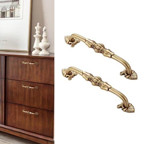 CcHhyyt 2 Pack Antique Brass Cabinet Handles 5 inch French Provincial Drawer Pulls Vintage Cabinet Hardware Floral Drawer Pull Solid Brass Antique Gold Handles for Dresser Gold with Red