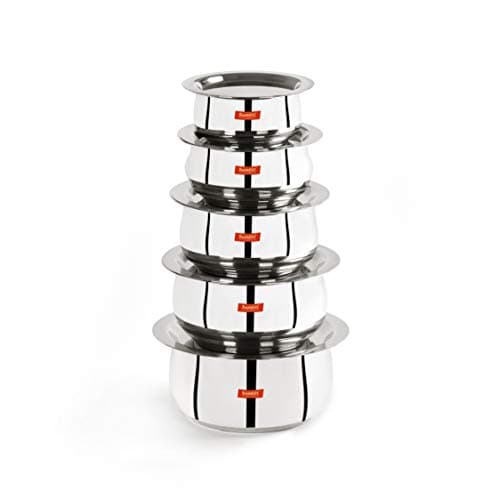 Sumeet Stainless Steel Belly Shape 5 Pc Tope/Cookware/Pot Set with Lid 380ML, 500ML, 780ML, 1.1Ltr, 1.4Ltr, (Silver)