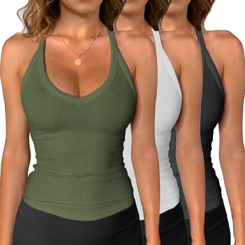 iGENJUN 3 Pack WorkoutTops for Women Racerback Tank Tops 2025 Yoga Gym Ribbed Sleeveless Shirts ClothesMBlackWhiteArmyGreen