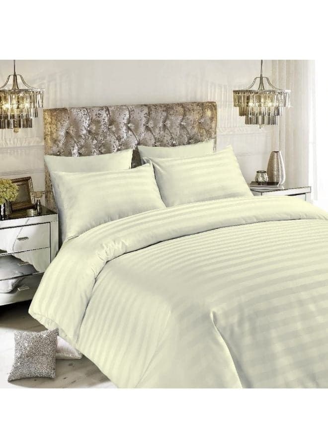 Tulip (Cream) Queen Size Flat Sheet,Duvet cover and Pillow Covers with 1 cm Satin Stripe (Set of 6 Pcs) 100% Cotton, Soft and Luxurious Hotel Quality Bed linen-300 TC