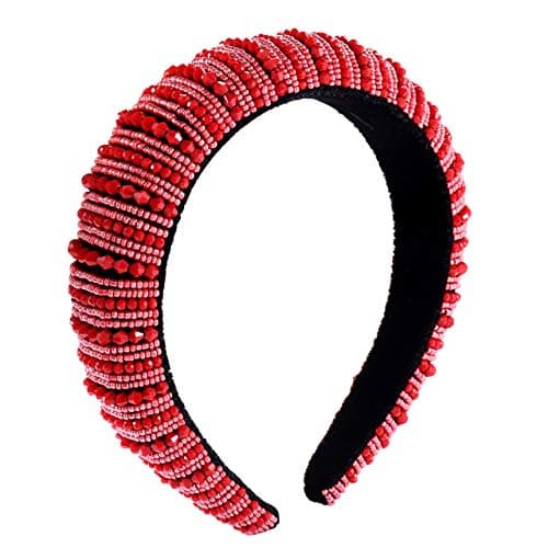NVENF Crystal Rhinestone Padded Headbands for Women Beaded Crystal Embellished Hairband Wide Bejewelled Velvet Headband Hair Accessory or Girls Holiday Party Prom Gifts Red