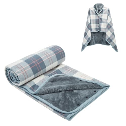 forestfish Fleece Wearable Blanket, Plaid Lap Blanket Comfy Poncho Throw with Buttons for Bed Sofa Office