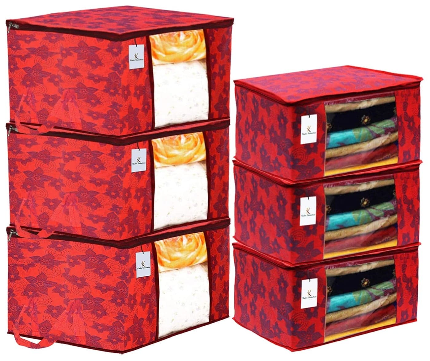 Kuber Industries Metallic Printed Non Woven 3 Pieces Saree Cover and 3 Pieces Underbed Storage Bag Cloth Organizer for Storage Blanket Cover Combo Set Red CTKTC38551