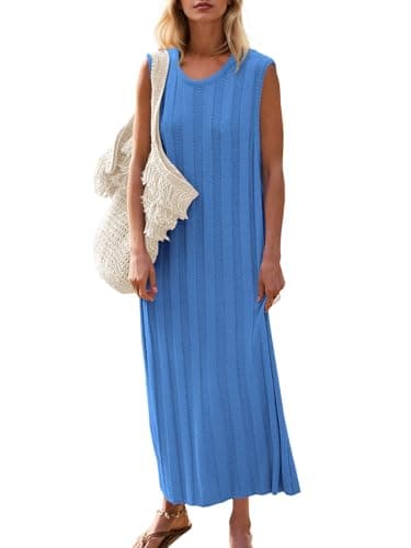 Fisoew Women's Summer Sleeveless Maxi Dress Scoop Neck Ribbed Knit Tank Top Dresses Blue