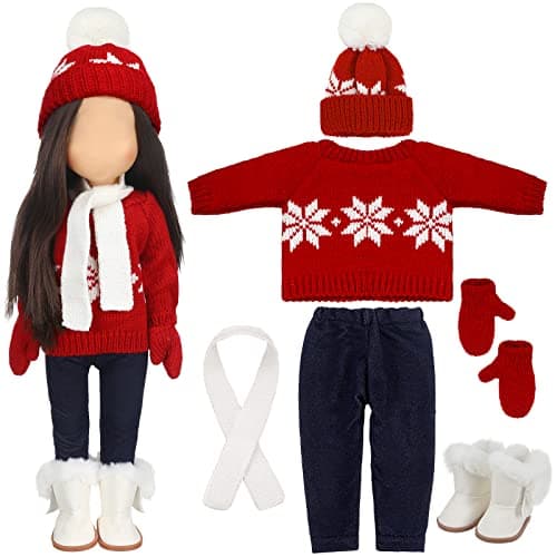 Bencailor 6 Pcs 18 Inch Christmas Doll Clothes and Accessories Winter Outfits Set Sweaters Trousers Hats Shoes Gloves for 18 Inch Doll GiftsRed White