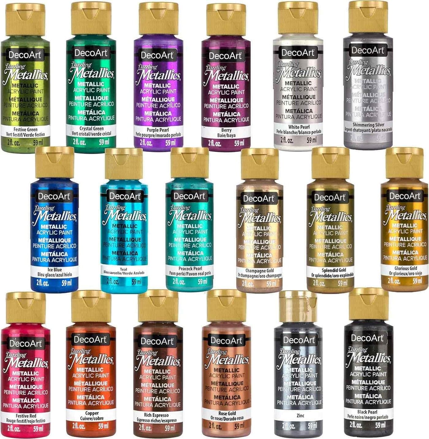 DecoArt Americana Acrylics Paint DAZZLING METALLICS, Set of 18 Popular Colors, 2 fl oz Bottle (Pack of 18)