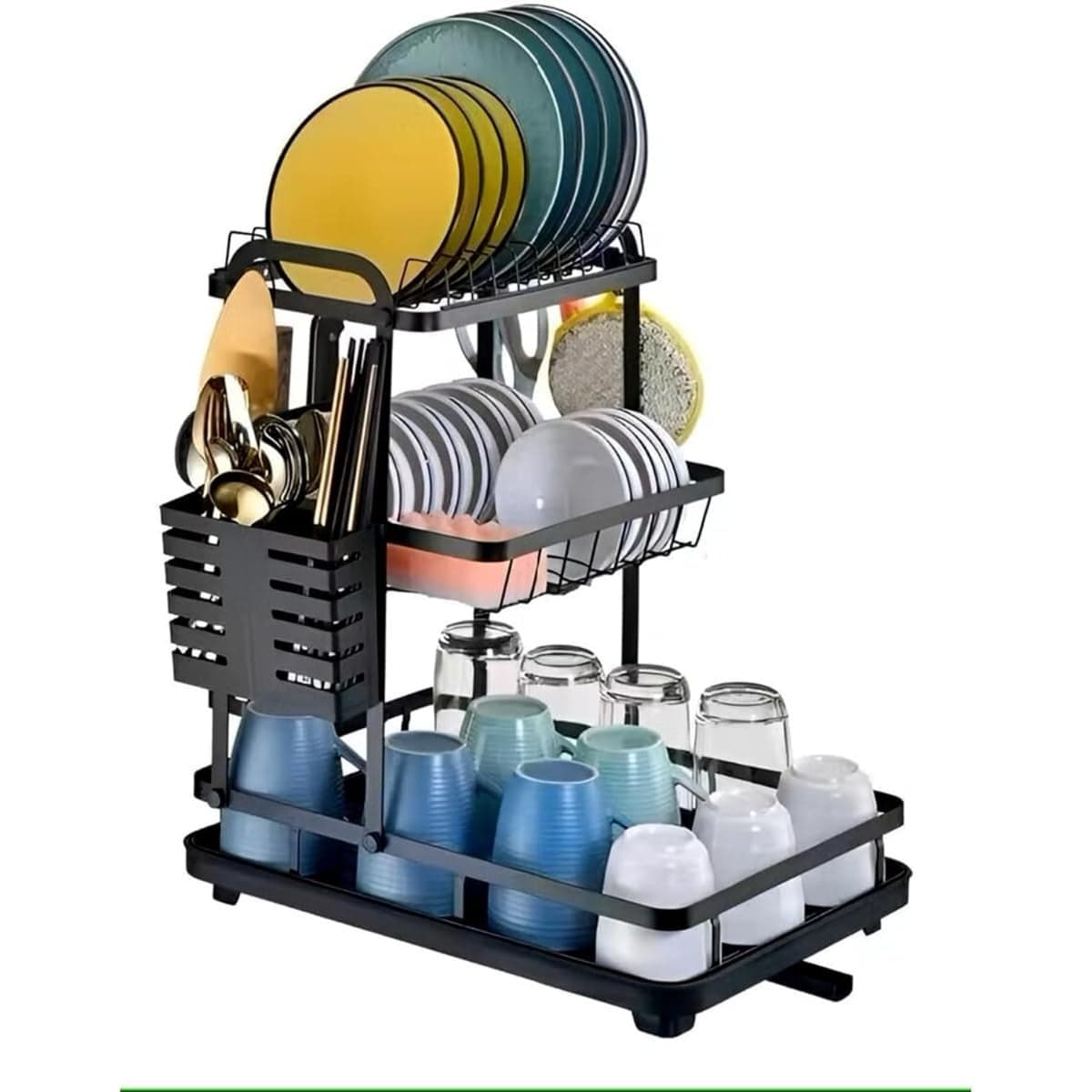 3 -Tier Rustproof Dish Drying Rack with Utensil Holder & Water Tray/Large Stainless Steel Wall Mount Kitchen Organizer with Adjustable Drainage for Plates, Bowls, Mugs & Cutlery, Easy to Clean