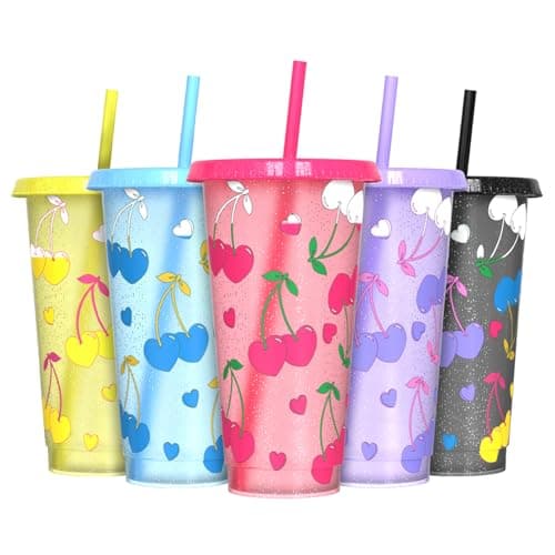 OZMOJOO Color Changing Cups, Plastic Tumblers with Lids and Straws, Reusable Plastic Cups - BPA-Free, Sturdy & Food Safe, Perfect for Iced Coffee, Milkshakes & Smoothies, 5 Pack - Glitter Cherry