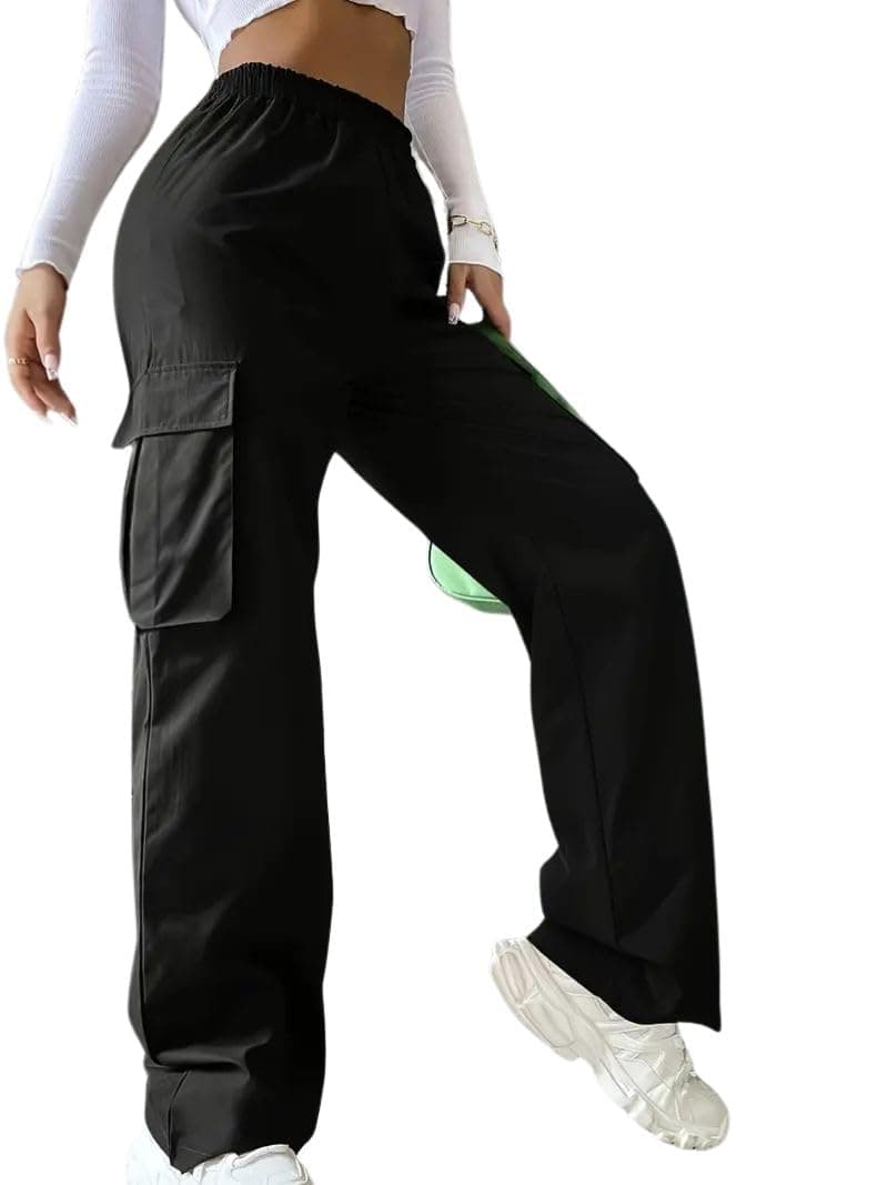 Leriya Fashion High Rise Cargo Trousers for Women, Large, Black