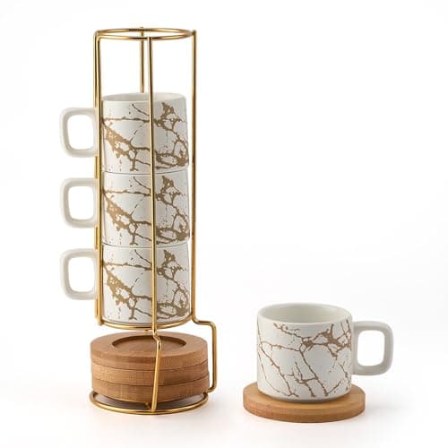LUKA Porcelain Espresso Cup with Saucer and Metal Stand, 4 Ounce Stackable Ceramic Demitasse Espresso Mugs Cups Set for Latte,Coffee,Cafe Mocha,Tea(Set of 4),Marbling White