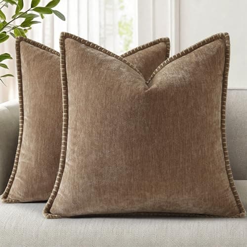 decorUhome Spring Chenille Soft Cozy Throw Pillow Covers 16x16 Set of 2, Modern Farmhouse Boho Velvet Decorative Pillow Cases with Stitched Edge for Couch Sofa Bed Home Decor, Brown