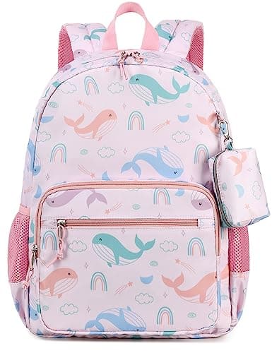 mygreen School Backpacks for Girls with Coin Purse 15 inch Lightweight Waterproof Bookbags Girls Backpack for Elementary Kids Backpack for Boys Girls Whale Pink