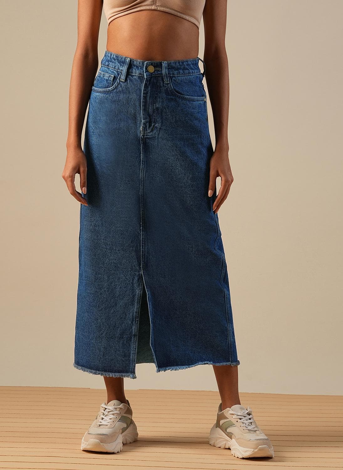 Globus Women Blue Casual Midi Skirt with Front Slit and Fringed Hem Detail