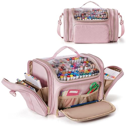 Rexmica Marker Organizer Bag for 180300 Markers Large Marker Storage Case with Detachable Divider for Adults Markers Travel Holder Case Bag for Various Markers or Other Art Craft Supply Pink