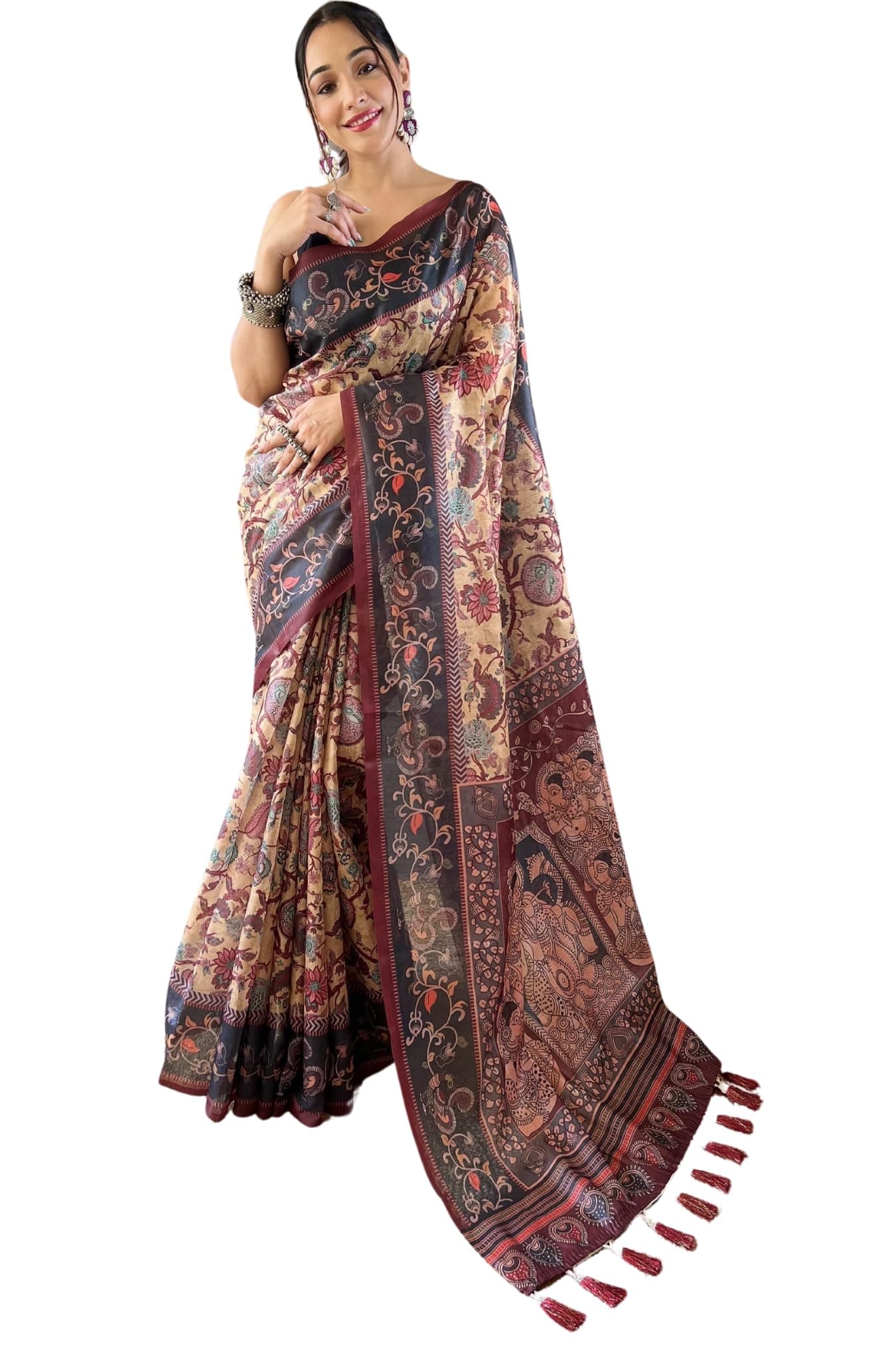 SGF11 Women's Kalamkari Cotton Linen Silk Saree With Blouse Piece (Yellow)