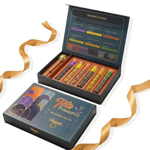 CHAYAM Luxury Assorted Tea Gift Set with Brass Infuser | Wellness Gift Box with 6 Flavours in Glass Tubes, 100G | Chamomile, Lavender Vanilla, Spearmint, Turmeric, Cinnamon, Himalayan Green Tea | Gift for Corporate Gifting, House Warming, Birthdays, Anniversaries
