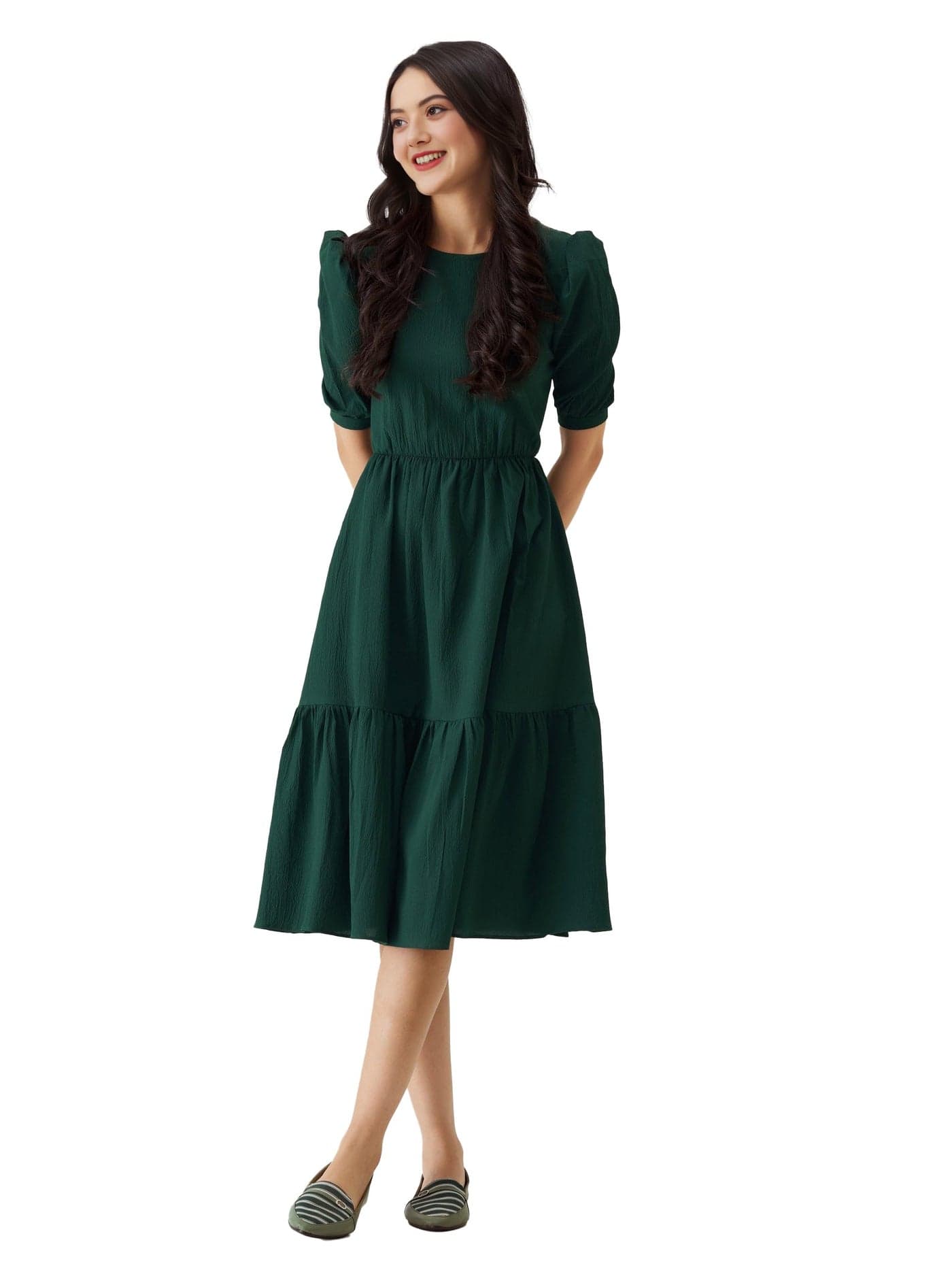 Istyle Can Solid Green Puff Sleeve Crepe Fit & Flare Midi Dress with Round Neck, Short Sleeves, Gathered Details, and Flared Hemline for Party Occasions (IN, Alpha, S, Regular, Standard, Bottle Green)
