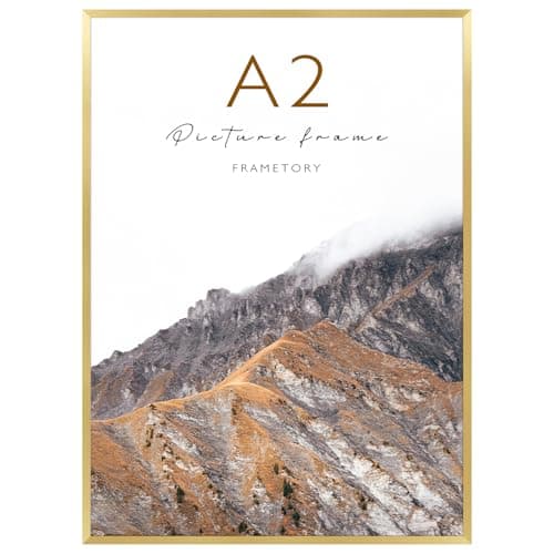 Frametory, A2 Aluminum Poster Frame, Acrylic Front, Thin Metal Picture Frames for 16.5x23.4 Photo, Horizontal/Vertical Wall Mount (1 Pack, Gold)