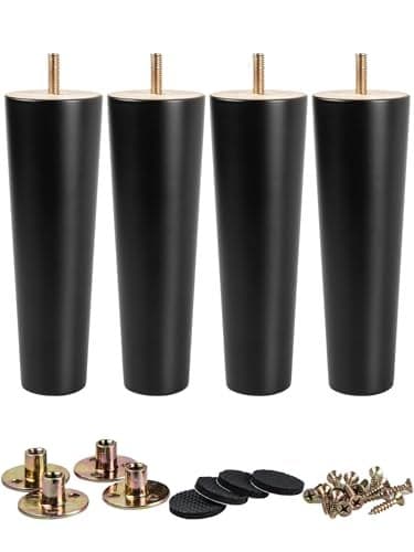 La Vane 5 inch / 12cm Wooden Furniture Legs, Set of 4 Black Solid Wood Tapered M8 Furniture Replacement Feet with Pre-Drilled 5/16 Inch Bolt & Mounting Plate & Screws for Sofa Chair Couch Ottoman
