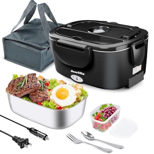 Dosevita Electric Heated Lunch Box for Adults, 80W Fast Heating, 1.5L 304 Stainless Steel, 12V/24V/110V Portable Lunch Box Warmer for Car, Truck, Work, Office, Lonchera Electrica Portatil (Black)