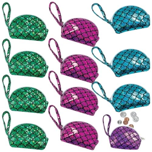 Fun Express Mermaid Coin Purses Set of 12 Under the Sea and Mermaid Party Favors Purple Pink Green Blue