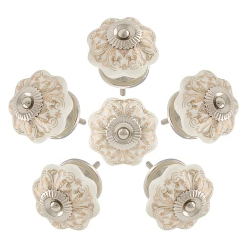 Piutouyar 6PCS Ceramic Cabinet Knobs,Gold and White Roll Hand Painted Cupboard Cabinet Door Knobs Drawer Pulls Dresser Handles with Mounting Screws,Gilt Flower