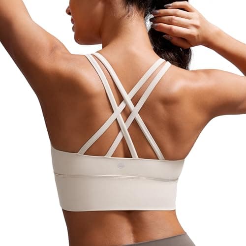CRZ YOGA Womens Naked Feeling Strappy Longline Sports Bra - Medium Impact Criss Cross Yoga Padded Workout Crop Top Mojave Tan Small