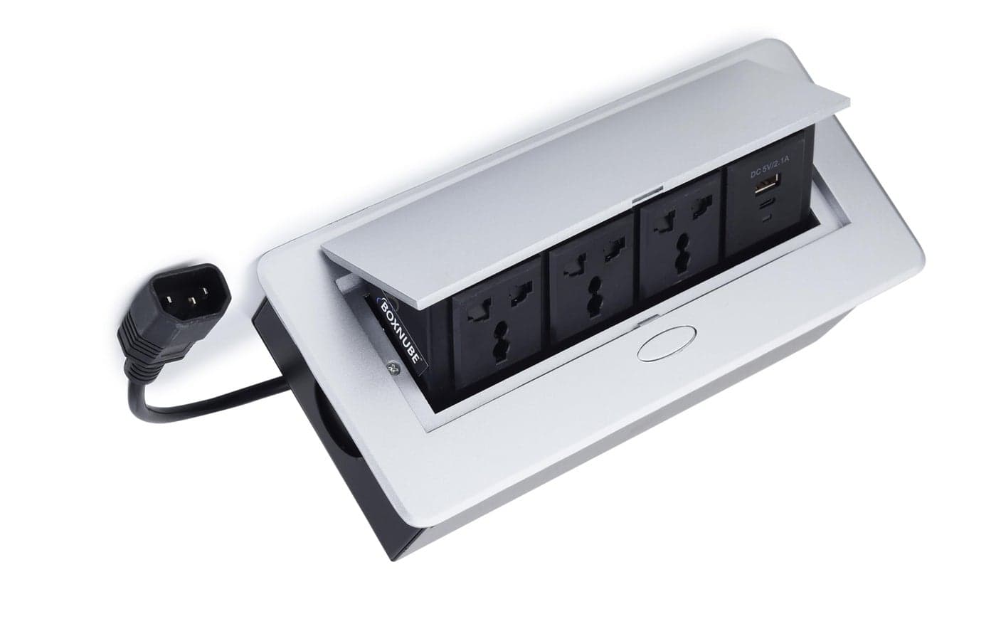 BOXNUBE Hydraulic Pop UP Box Cable Cubby Extension Board with 3 x Universal Power Sockets & 1 x USB Type C & 1 x USB A Ports (Silver)